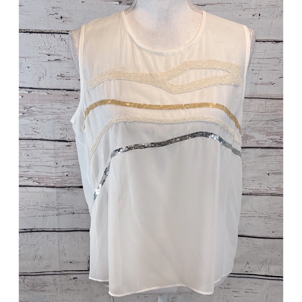 DKNYC Blouse Sleeveless Sheer Cream Colored Beaded -Small